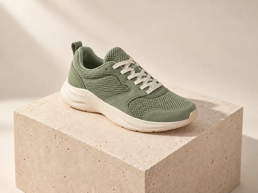 Illustrative sage green sneaker in the same composition