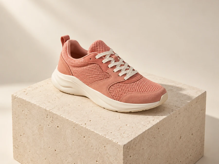 Illustrative coral knit sneaker on a stone pedestal